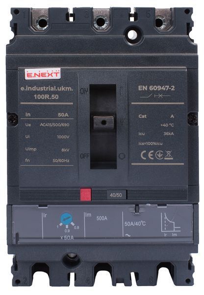 Силовий автоматичний вимикач e.industrial.ukm.100R.50 з регулюванням, 3р, 50А i091002 фото